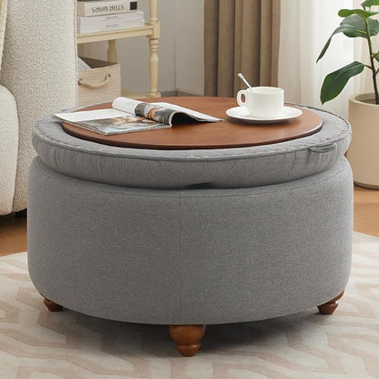 WUTUTUEE 30Inch Round Storage Ottoman with Tray, Modern Tufted Fabric Circle Coffee Table with Storage, Upholstered Ottoman with Removable Top for Living Room, Bedroom, Light Grey