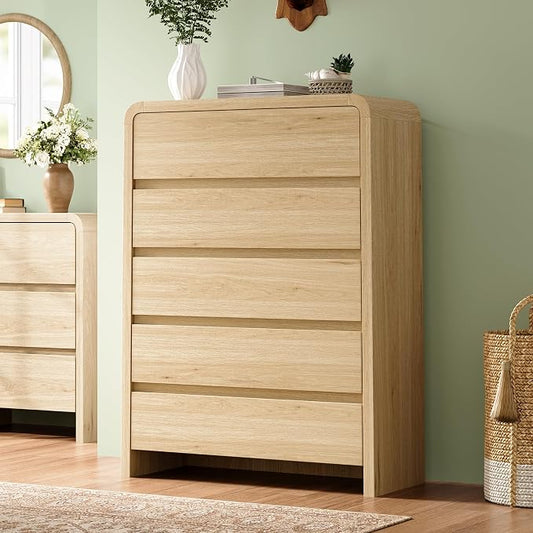 AMERLIFE 5 Drawer Tall Dresser for Bedroom, 48" Modern Storage Cabinet with Anti-Tip Kit, Rounded Corners & Easy Assembly, White Wood Chest for Closet, Apartment, Light Oak