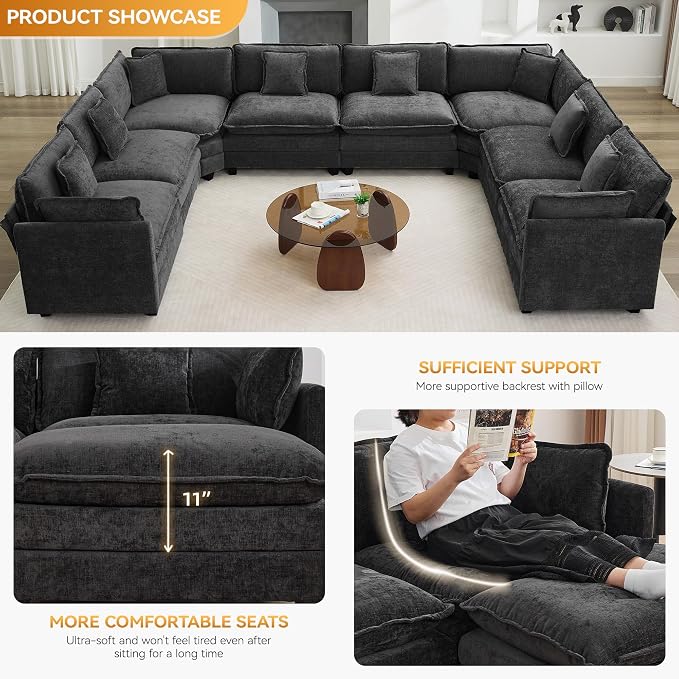 147'' Oversized U Shaped Cloud Sectional Sofa, Chenille Deep Seat Couches for Living Room, Comfy Upholstered Modular Sectional Sofa Couch, Dark Grey