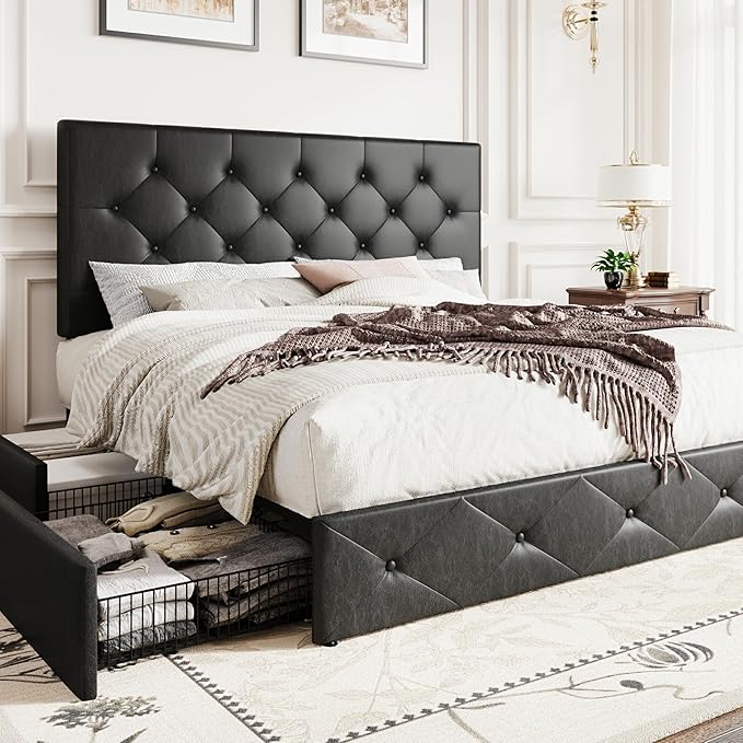 SHA CERLIN Upholstered Queen Platform Storage Bed Frame with 4 Drawers, Adjustable Headboard with Faux Leather Diamond Button Tufted Design, Wooden Slat Support, No Box Spring Needed, Black