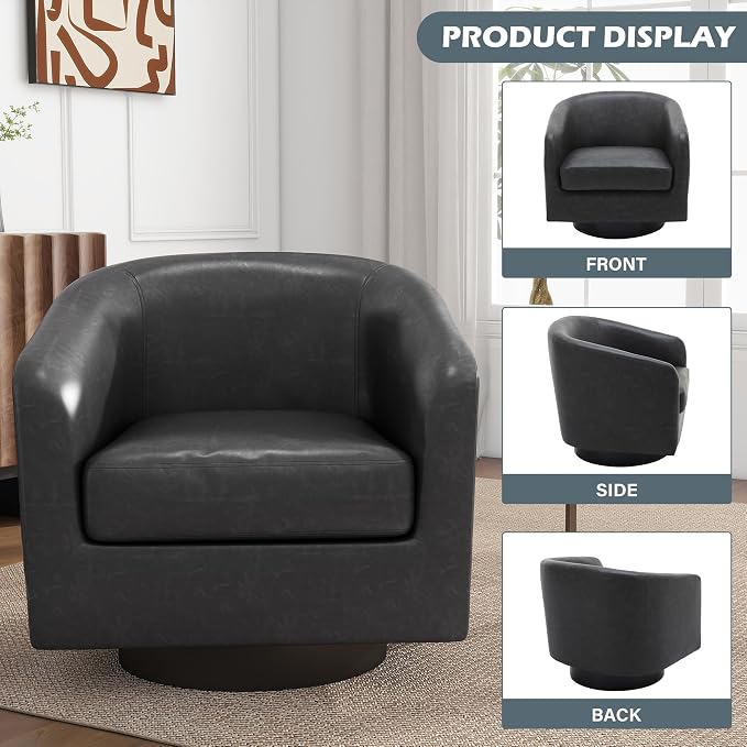 Faux Leather Swivel Accent Chair, Upholstered Barrel Chairs for Living Room, Small Club Chair Modern Single Sofa Bedroom Reading Seat - Black, Set of 4