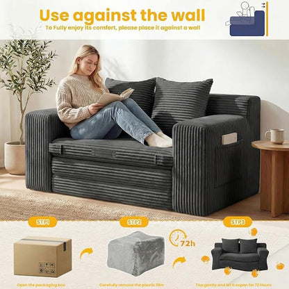 Boneless Couch,Boneless Loveseat Sleeper Sofa Bed – 3-in-1 Convertible Couch Bed with Side Pockets & Handle,Pull Out Corduroy Futon for Small Space,Living Room & Bedroom,2 Pillows Included,No Assembly