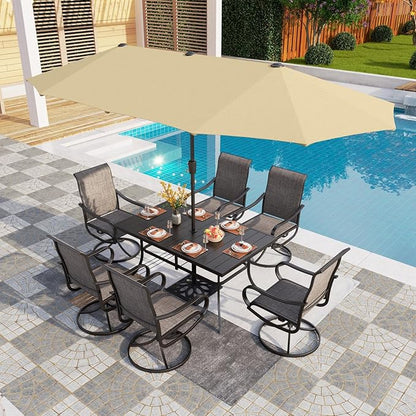 PHI VILLA 8 Piece Outdoor Dining Set with 13ft Patio Beige Umbrella, 6 Swivel Textilene Fabric Dining Chairs & 1 Large Metal Table for Garden Backyard Poolside Deck (No Umbrella Base)