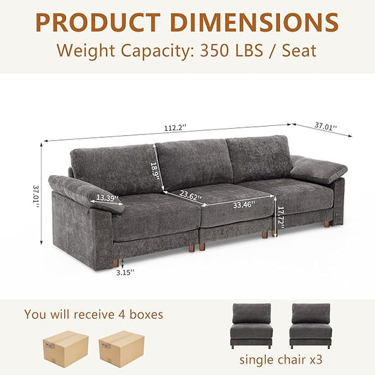 Oversized L Shaped Sectional Couch for Living Room, Extra Large Deep Seat Modular Sectional Sofa with Washable Covers, Modern Cloud Couch for Apartment, Bedroom (Gray, 3 Seater)