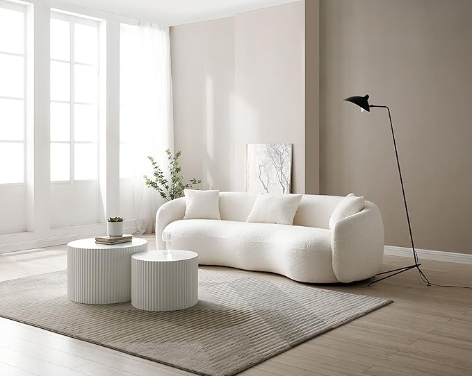 KEIKI 94" Boucle Half Moon Curved Sectional Sofa with 3 Throw Pillows, Modern Style 4-Seater Teddy Fleece Leisure Couch with Curved Backrest, Easy Assembly, for Apartment, Living Room, Bedroom, Whtie