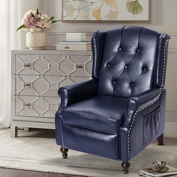 Wingback Recliner Chair with Massage and Heat PU Leather Push Back Arm Chair, Recliner Chair for Living Room Bedroom Home Theater (1,Navy Blue)