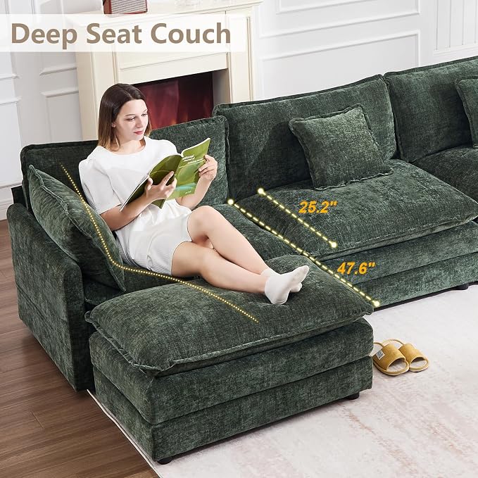 147" Modular Sectional Sofa, Oversized U Shaped Sectionals Cloud Couch, Big Comfy Couch with 2 Ottomans, 6 Seater Chenille Sectional Sofa with Deep Seat and 6 Pillows for Living Room- Green