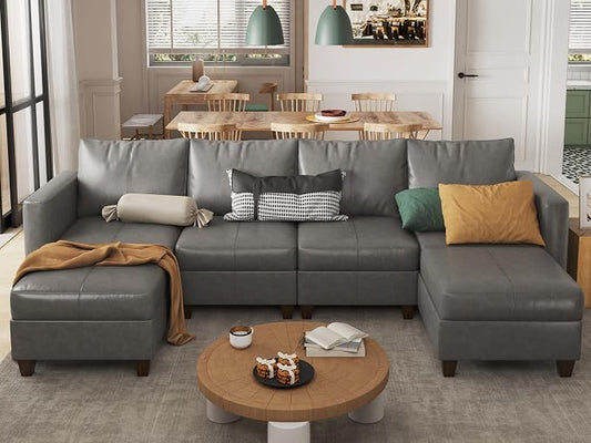 EASE MOOSE Modular Sectional Sofa with Storage, Faux Leather Sectional, Leather Couches for Living Room,Grey
