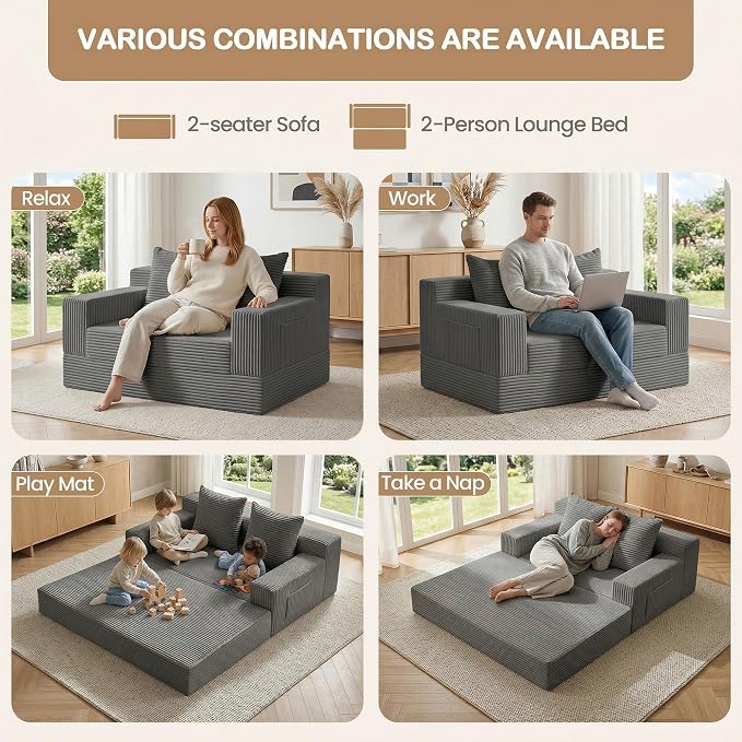 Boneless Loveseat Small Couch Bed, Futon Sleeper Sofa Bed,Convertible Pull Out Couch with 2 Pillows,Corduroy Folding Floor Couch for Living Room,No Assembly Required,Grey