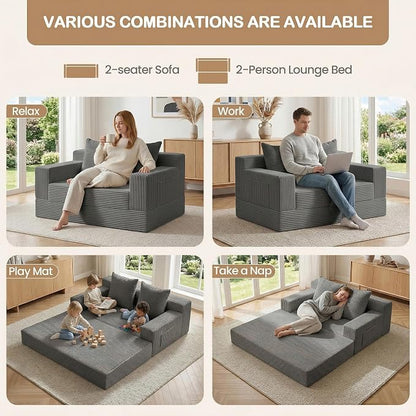 Boneless Loveseat Small Couch Bed, Futon Sleeper Sofa Bed,Convertible Pull Out Couch with 2 Pillows,Corduroy Folding Floor Couch for Living Room,No Assembly Required,Grey