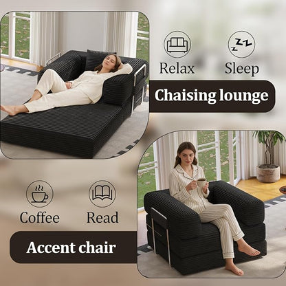 Single Couch Sofa for Small Spaces 2 in 1 Convertible Sleeper Sofa to Lounger Comfy Bean Bag Chair for Adults Removable Cover with Pillows for Bedroom, Apartment, Office, Black, 35.43" Single Sofa