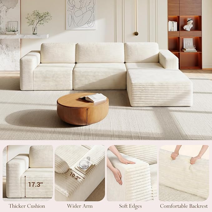 Vesgantti 119" L-Shaped Modular Sectional Sofa, Corduroy Cloud Couch with Deep Seating & Spring Support, Flexible Layout Sofa with Ottoman, Boneless Style, No Assembly Required, Beige