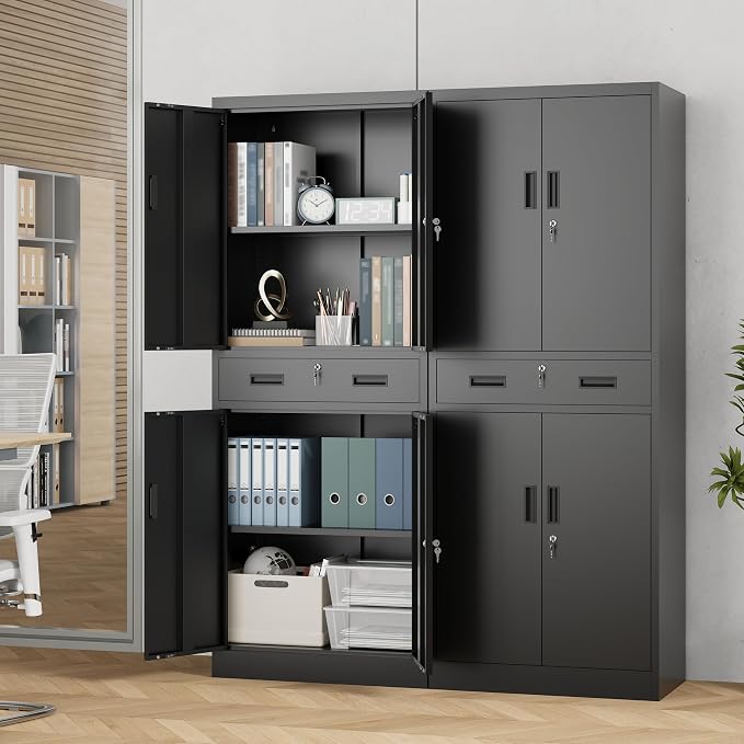 71" H Tall Metal Storage Cabinet with Drawer, Metal Garage Storage Cabinet with Lock and 2 Adjustable Shelves for Home, Office, Garage, Warehouse Organize, Black
