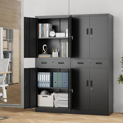 71" H Tall Metal Storage Cabinet with Drawer, Metal Garage Storage Cabinet with Lock and 2 Adjustable Shelves for Home, Office, Garage, Warehouse Organize, Black