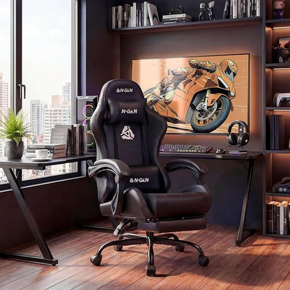 N-GEN GAMING Video Gaming Chair with Footrest Lumbar Support for Home Office High Back Recliner Height Adjustable Ergonomic Comfy Leather Computer Desk Chair (Deep Black)