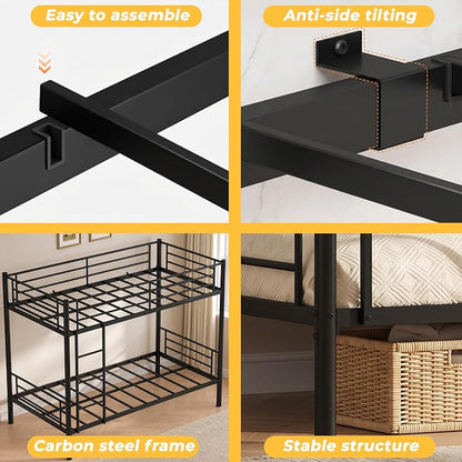 Bunk Bed Twin Over Twin, Metal Bunk Bed with Front Ladder and Safety Guardrail, Space-Saving Twin Bunk Beds for Kids, Teens & Adults, No Box Spring (Front Laddder, Black)