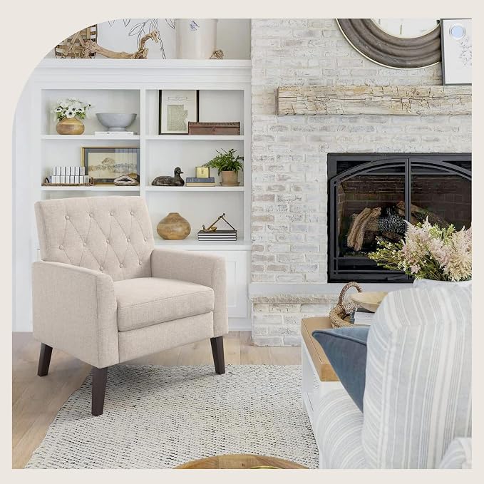 LUE BONA Linen Color Linen Accent Chair 18.5" H, Button Tufted Upholstered Modern Armchair, Comfy Living Room Chair with Arms, Arm Chairs for Living Room, Bedroom, Small Space