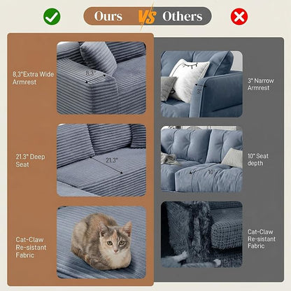95" L Shaped Cloud Boneless Sectional Couches for Living Room, Modern Comfy Modular Deep Seat Memory Foam Compressed Corduroy Sofa Oversized Left Facing Chaise, No Assembly Required, Grey