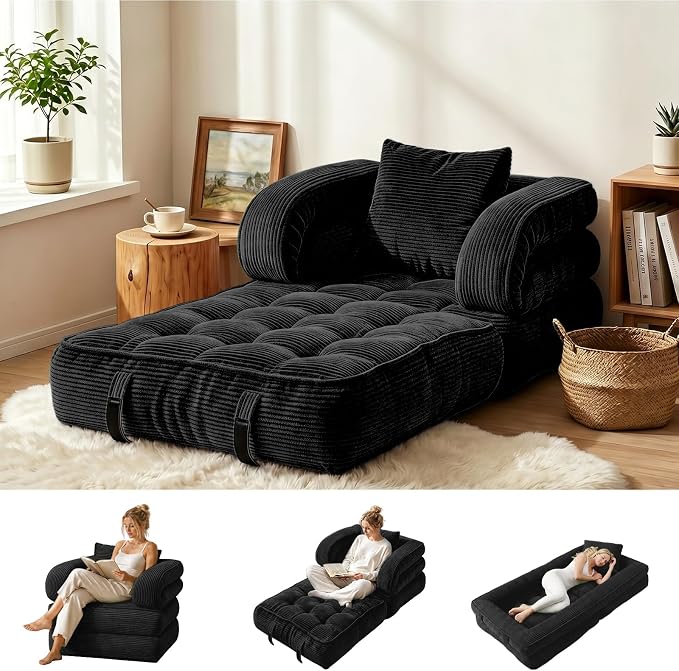 Convertible Sleeper Chair, Folding Sofa Bed with Armrests, Foldable Boneless Bed, 3-in-1 Portable Corduroy Futon Couch Floor Sofa with Pillow for Bedroom, Living Room, Black