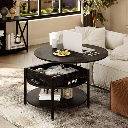 FABATO Round Lift Top Coffee Table with Storage and Hidden Compartment, 26.77'' Farmhouse Coffee Table for Living Room Reception Room, 2 Tier Small Round Coffee Table Circle Dining Table, Black Oak | Lift Top