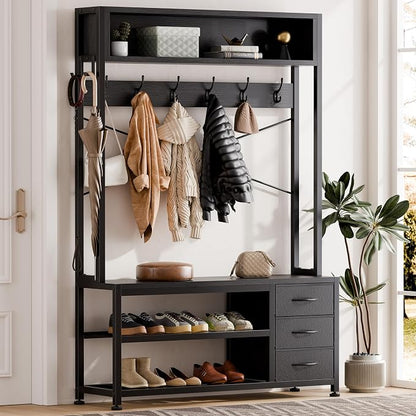 Lulive Hall Tree with 3 Drawers, Industrial Entryway 39.4" Coat Rack Shoe Bench, Freestanding Mudroom Organizer with 12 Hooks, Top Shelf Storage (Black)