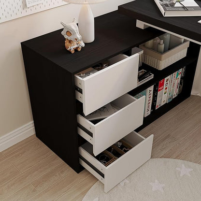 Bobve L Shaped Computer Desk, 47 Inch Home Office Desk with File Drawers & Storage Shelves, Small Corner Computer Desk for Small Space (Black + White)
