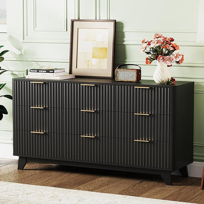 VINGLI Black Dresser 9 Drawer, Fluted Dresser with Rounded Edges, 57" Long Modern Dressers for Bedroom, Black and Gold, 57" W*15.75" D*29.92" H