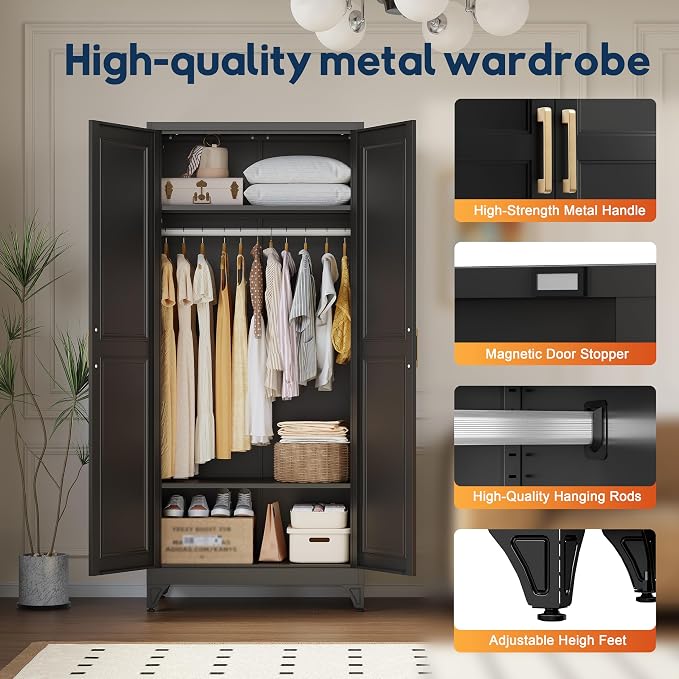 UNICOLY Armoire Wardrobe Closet with Doors, 71'' Wardrobe Cabinet with Hanging Rod, Metal Closet with 2 Adjustable Shelves for Bedroom School, Employee, Gym, Armarios De Ropa para Dormitorio, Black