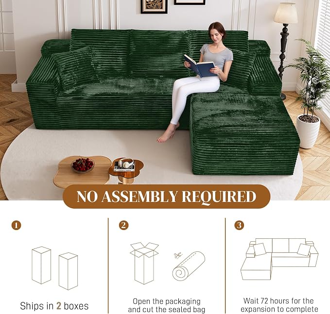 108" L Shaped Boneless Sectional Couches for Living Room, Comfy Corduroy Floor Cloud Sofa with Chaise, Wide Armrest, Deep Seat, Memory Foam, Assembly Free, Ideal for Small Spaces, Green