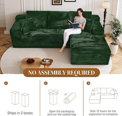 108" L Shaped Boneless Sectional Couches for Living Room, Comfy Corduroy Floor Cloud Sofa with Chaise, Wide Armrest, Deep Seat, Memory Foam, Assembly Free, Ideal for Small Spaces, Green