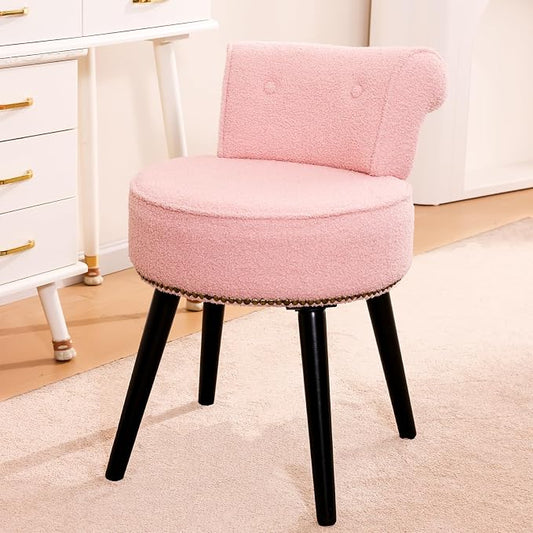 Vanity Chair with Backrest, Boucle Upholstery Armless Makeup Stool, Vanity Stool with for Bedroom Living Room Kitchen Dinning Room (Sherpa Pink)