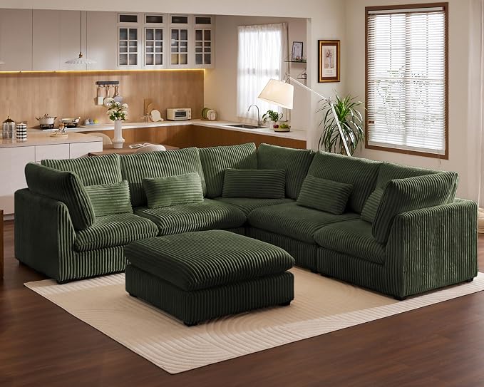 115" Oversized Corduroy Couch Modular Sectional Sofa, Washable Cloud Couch Sectional with Ottoman, 6 Seater Sectional Couches for Living Room, Fully Cover Removable, V Shaped & Corner, Corduroy, Green
