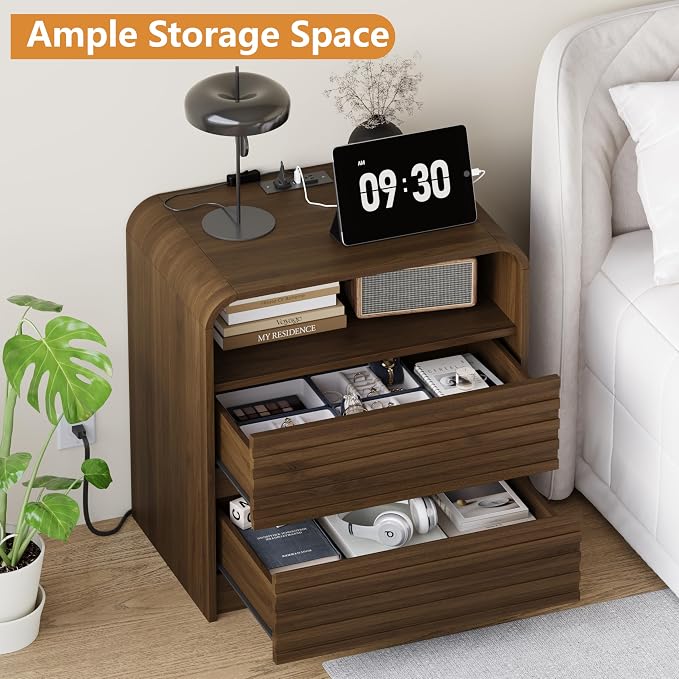 Dresser and Nightstand Sets for Bedroom, 3 Pcs Bedroom Set, Fluted 9 Drawer Dresser with Curved Profile and Night Stand Set of 2 with Charging Station, Wood Chest of Drawers, Walnut