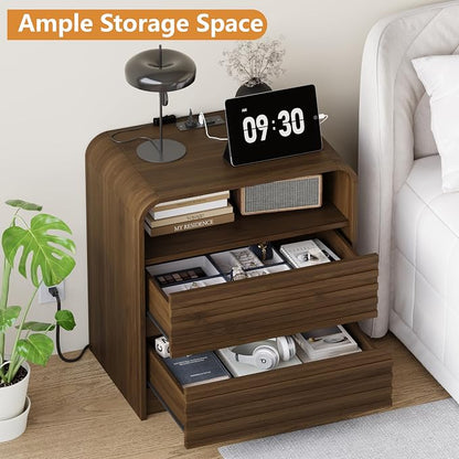 Dresser and Nightstand Sets for Bedroom, 3 Pcs Bedroom Set, Fluted 9 Drawer Dresser with Curved Profile and Night Stand Set of 2 with Charging Station, Wood Chest of Drawers, Walnut