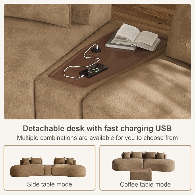 153.3" Oversized Curved Sectional Sofa, Luxury Chenille Cloud Couch for Living Room, Large Modern Modular Deep Seat Sofa with Movable Coffee Table & USB, No Assembly Needed, Brown