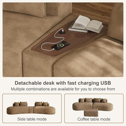 153.3" Oversized Curved Sectional Sofa, Luxury Chenille Cloud Couch for Living Room, Large Modern Modular Deep Seat Sofa with Movable Coffee Table & USB, No Assembly Needed, Brown
