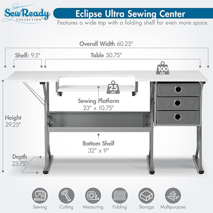 Studio Designs Eclipse Ultra Sewing Machine Craft Table Cabinet, Grey/White