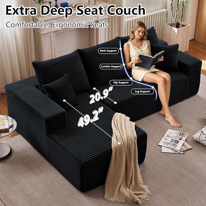 107" Cloud Sectional Couch with L-Shape Chaise, Modern Modular Comfy Sofa with Deep Seat, Upholstered Corduroy Couches Sleeper Chaise Longue for Living Room Bedroom, No Assembly Required, Black