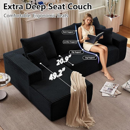 107" Cloud Sectional Couch with L-Shape Chaise, Modern Modular Comfy Sofa with Deep Seat, Upholstered Corduroy Couches Sleeper Chaise Longue for Living Room Bedroom, No Assembly Required, Black