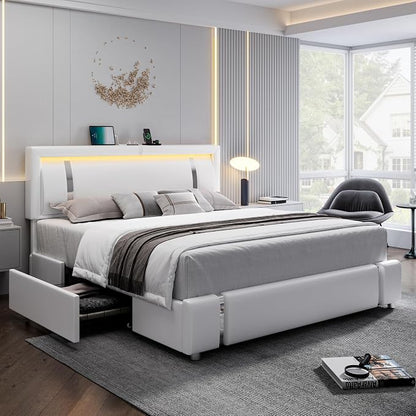Keyluv King Size Bed Frame with RGB LED Lights & 2 Storage Drawers, Modern Upholstered Platform Bed with Iron Metal Decor, USB Charging Ports, White