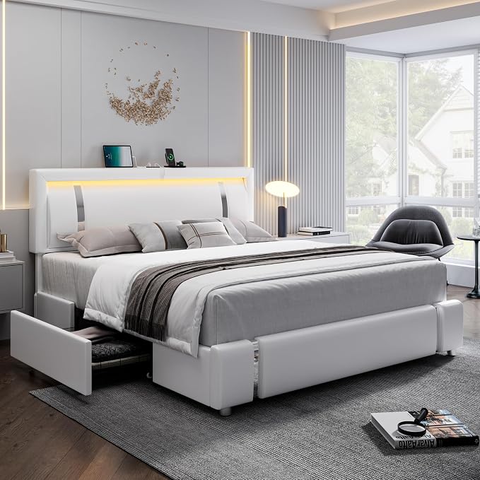 Full Size Bed Frame with RGB LED Lights Headboard & 2 Storage Drawers, Modern Upholstered Faux Leather Smart Platform Bed with Iron Metal Decor, USB & USB-C Charging Ports, No Box Spring Needed, White