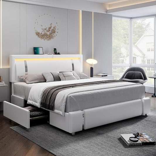 Full Size Bed Frame with RGB LED Lights Headboard & 2 Storage Drawers, Modern Upholstered Faux Leather Smart Platform Bed with Iron Metal Decor, USB & USB-C Charging Ports, No Box Spring Needed, White