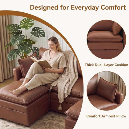 80" Brown Faux Leather Storage 3 Seater Sofa, Modular Sectional Cloud Sofa | Modern Deep Seat Cloud Upholstered Sofa with Armrest, Convertible 3 Seater Comfy Sofa for Living Room, Bedroom, Small spaces