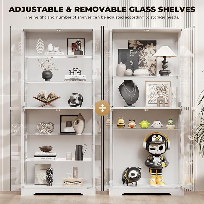 BROTTAR 6-Tier 71" Display Cabinet with Glass Door, Curio Cabinet with 3 Color Lights for Collectibles, Display Case with Adjustable Glass Shelves, Human Body Sensor, Storage Cabinets, White