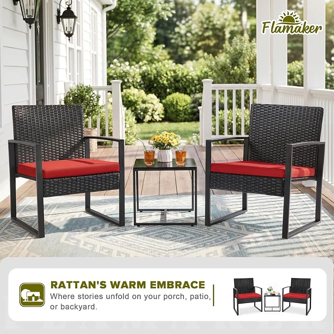 Flamaker 3 Pieces Wicker Patio Furniture Outdoor Modern Rattan Chair Conversation Sets with Coffee Table for Yard and Bistro (Red)