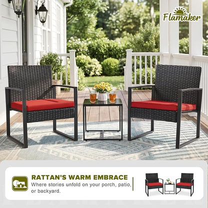 Flamaker 3 Pieces Wicker Patio Furniture Outdoor Modern Rattan Chair Conversation Sets with Coffee Table for Yard and Bistro (Red)
