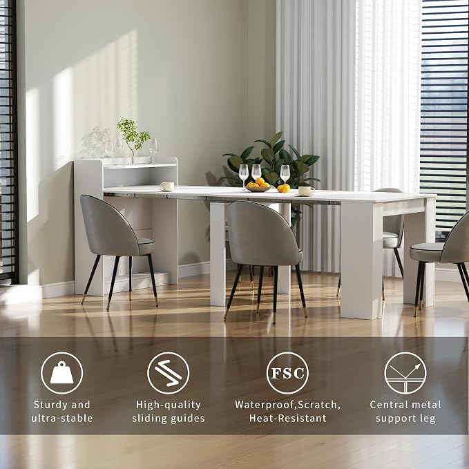 Transformer Extendable Dining Table 30”-88.4”L, Foldable Kitchen Dining Room Table with Storage for 1–10 People, Compact Space-Saving Expandable Wood Furniture, White