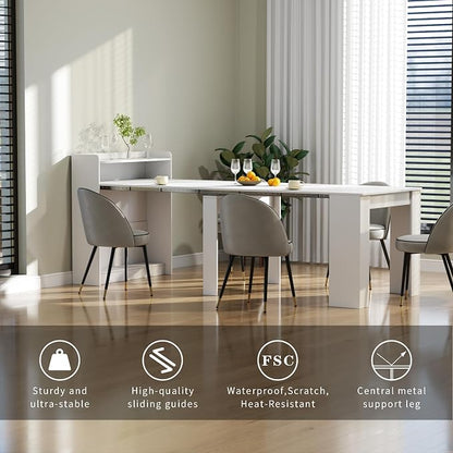 Extendable Dining Table for 10, 95” Transformer Dining Room Table, Space Saving Folding Kitchen Table, Modern Rectangle Dining Table White