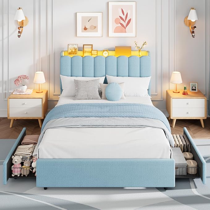 Garvee LED Full Size Bed Frame with Storage Headboard, Kids Bed Frame with 2 Drawers, Boucle Upholstered Platform Bed for Girls, Chic Wavy Headboard with Bookcase, No Box Spring Needed, Blue