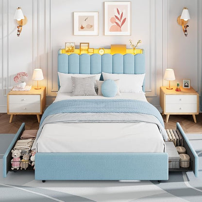 Garvee LED Full Size Bed Frame with Storage Headboard, Kids Bed Frame with 2 Drawers, Boucle Upholstered Platform Bed for Girls, Chic Wavy Headboard with Bookcase, No Box Spring Needed, Blue